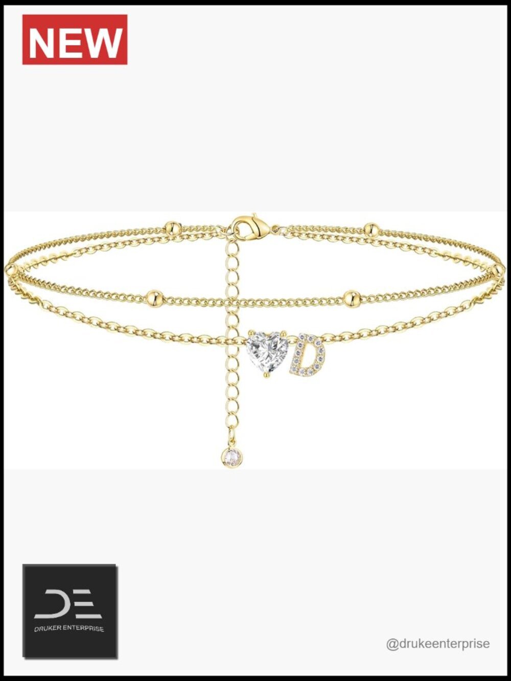 Waterproof 14K Gold Plated CZ Initial Anklet Dainty Layered Letter Heart